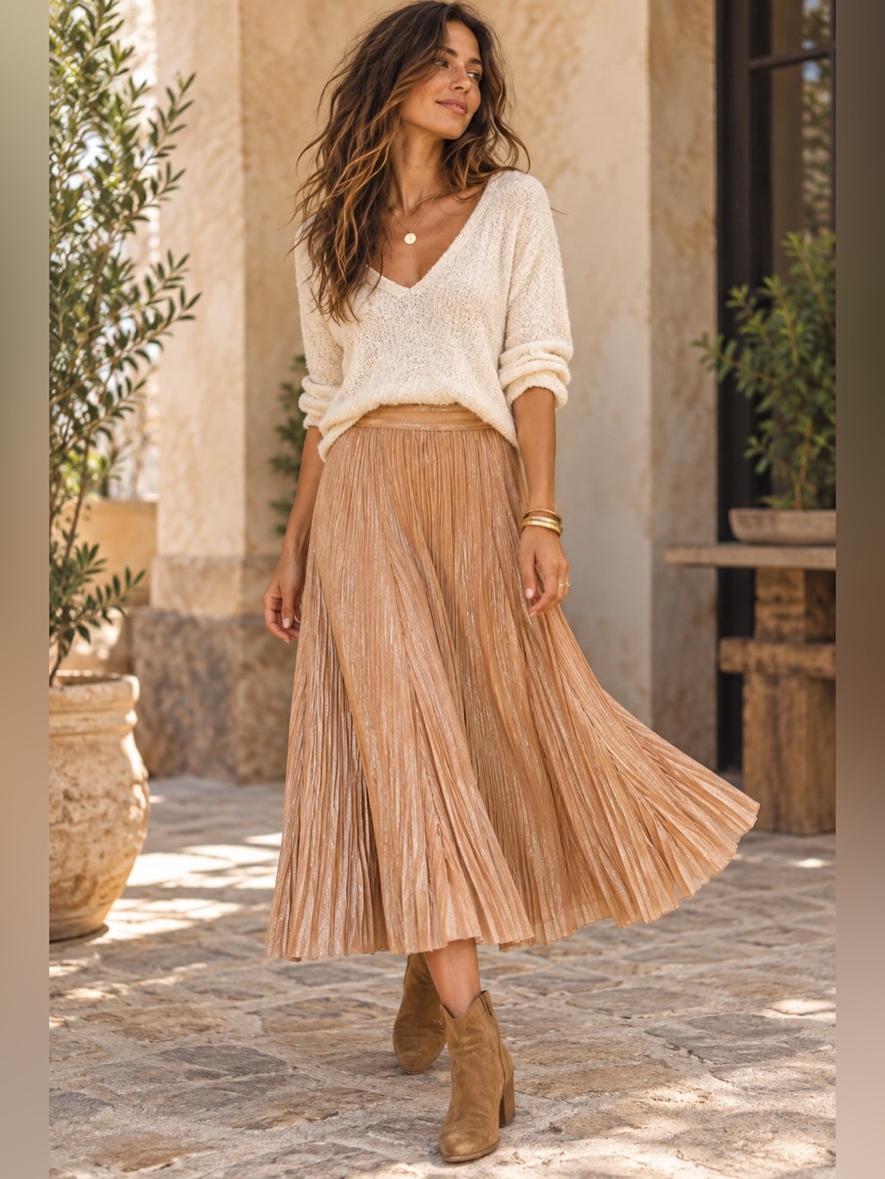 Anthropologie Maeve Ambra Rose Gold Metallic Pleated Midi Skirt L